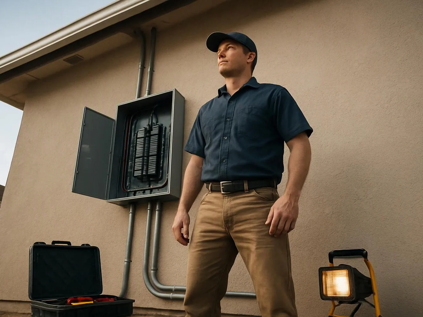 A worker stands beside an open electrical panel on an exterior wall, with a toolbox and work light nearby