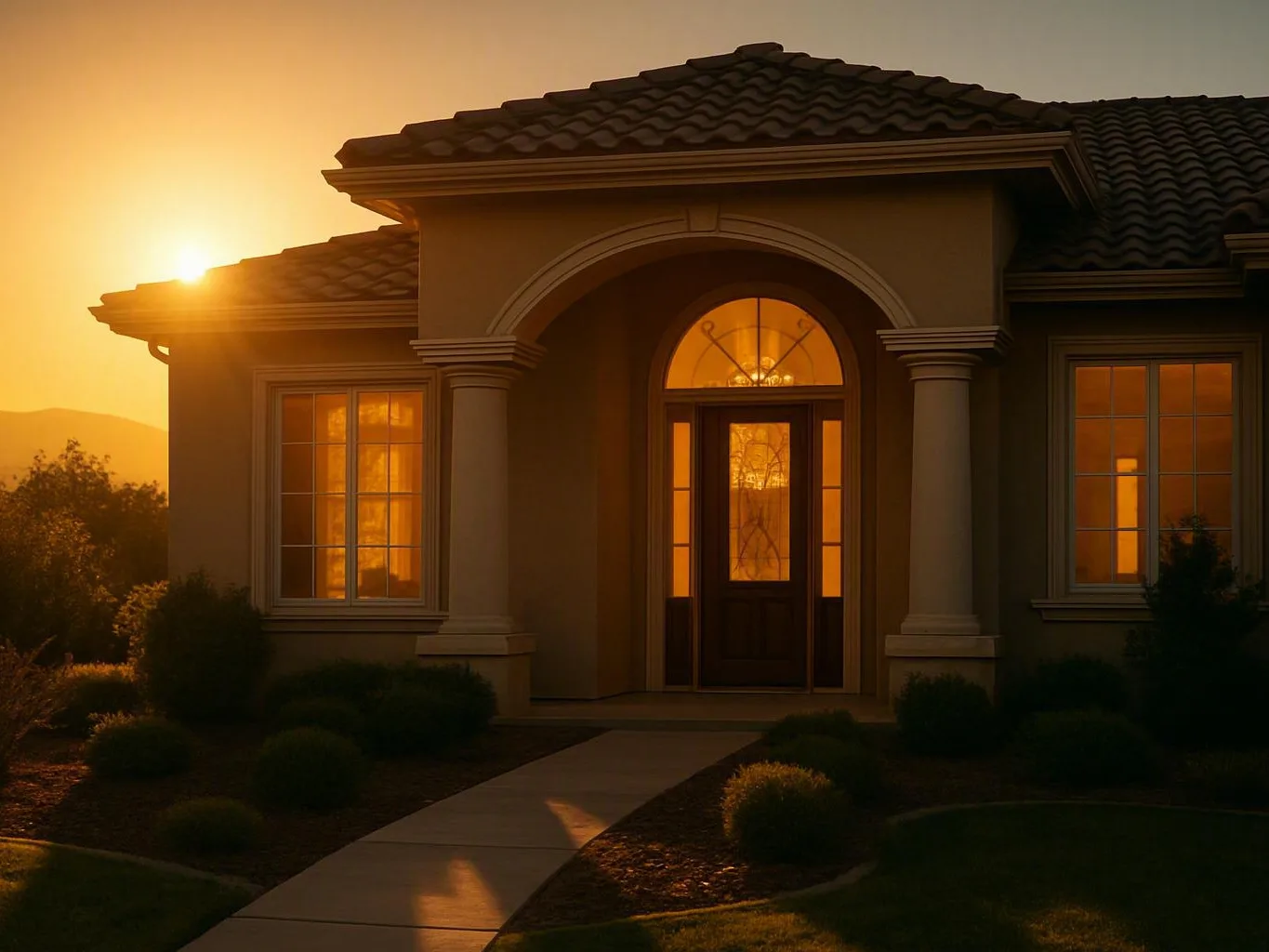 Sunlit suburban house with an arched front door glowing warmly at sunset