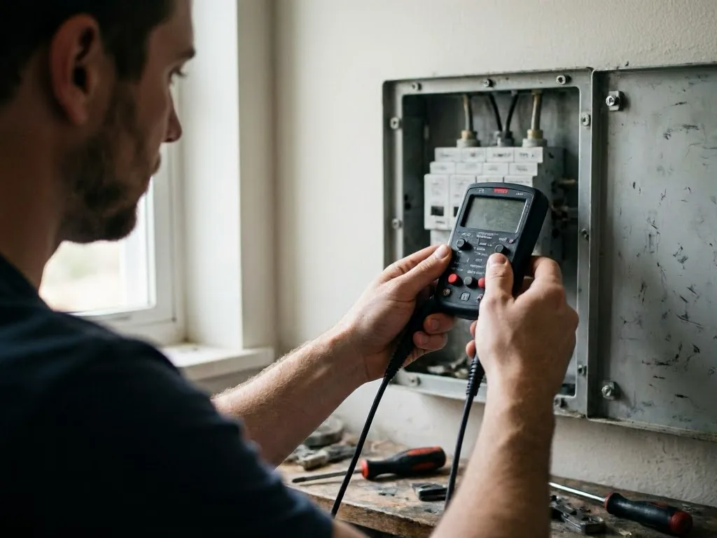Technician tests an open electrical panel with a handheld meter in a bright room