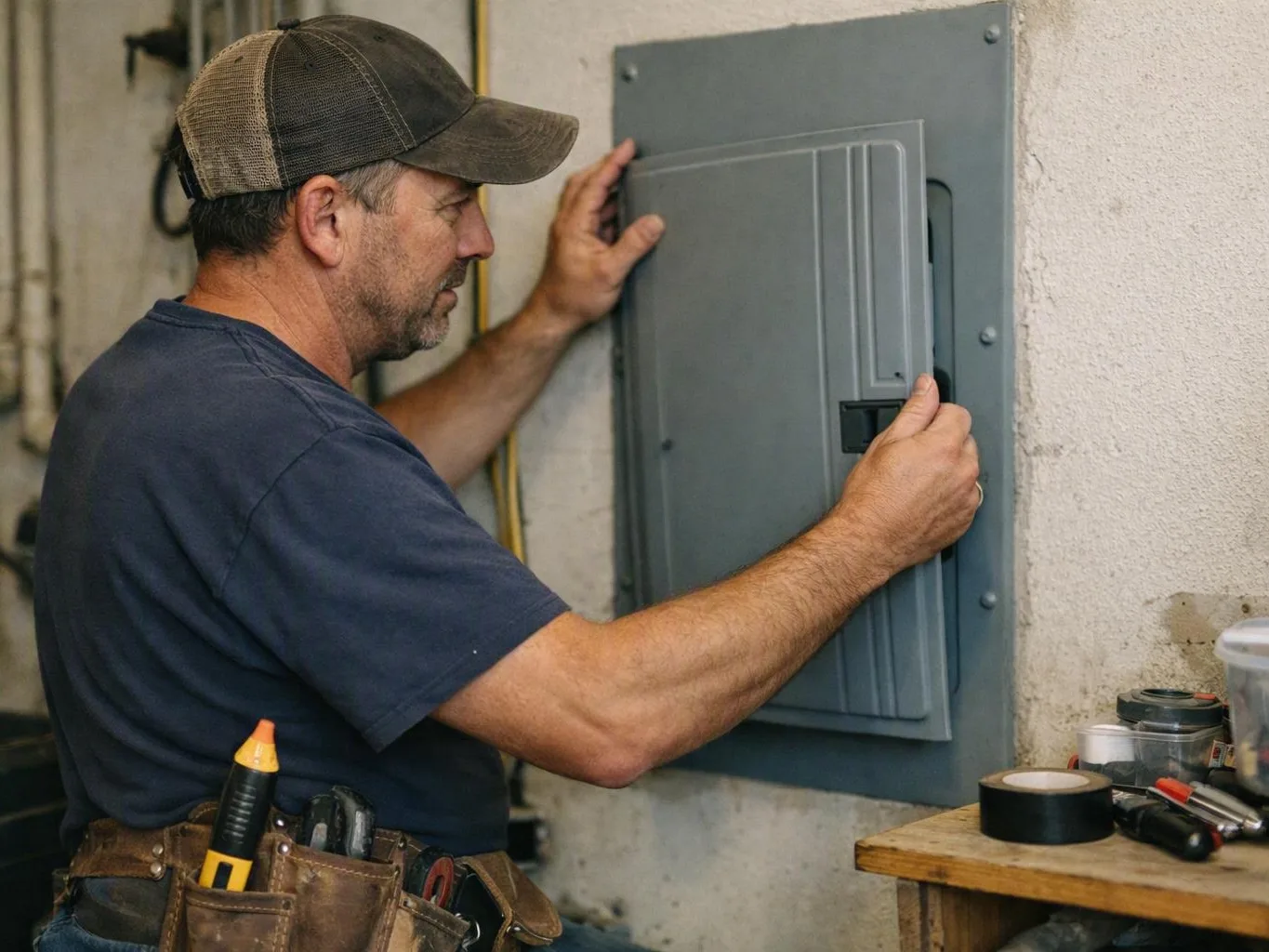 A man in a cap opens a gray electrical panel in a workshop and checks inside