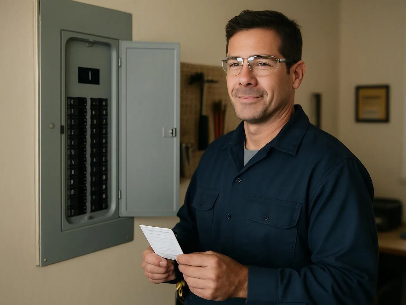Electrician wearing glasses inspects an open electrical panel while holding a