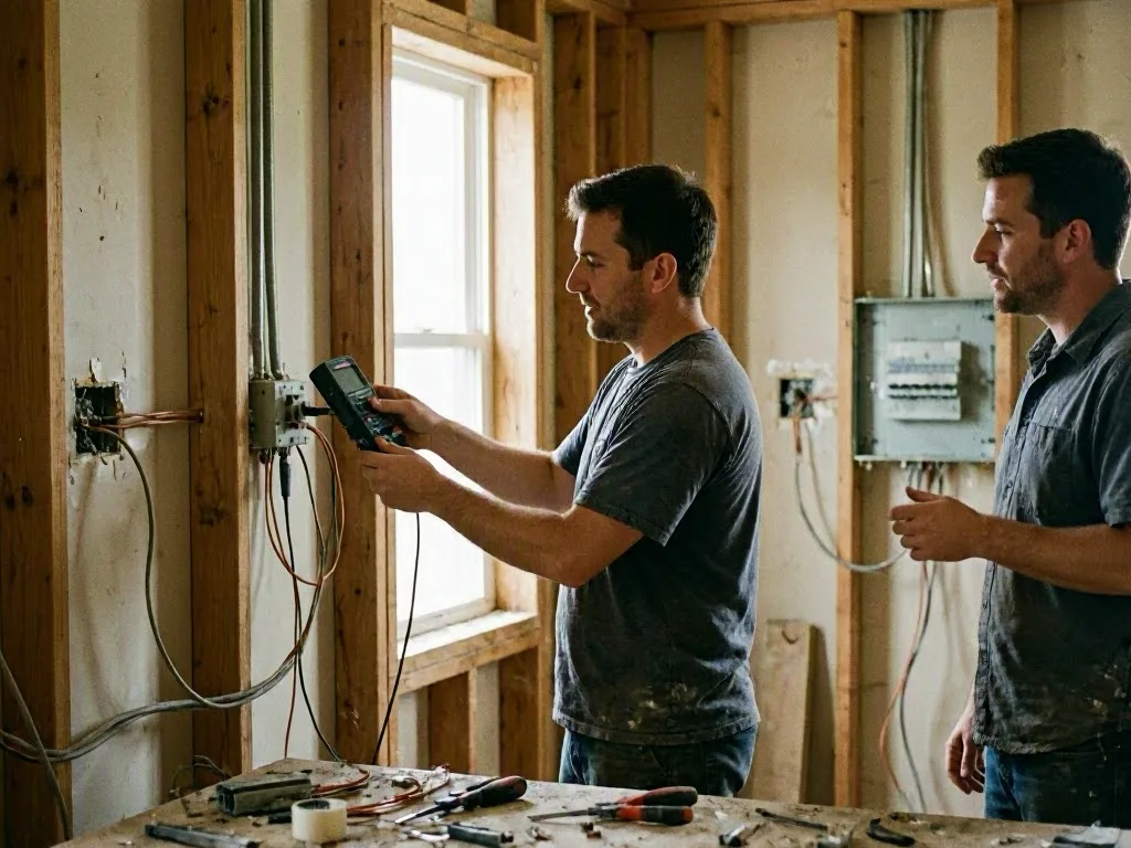 Two men inspect wiring in an unfinished room, one using a handheld meter near exposed wall studs