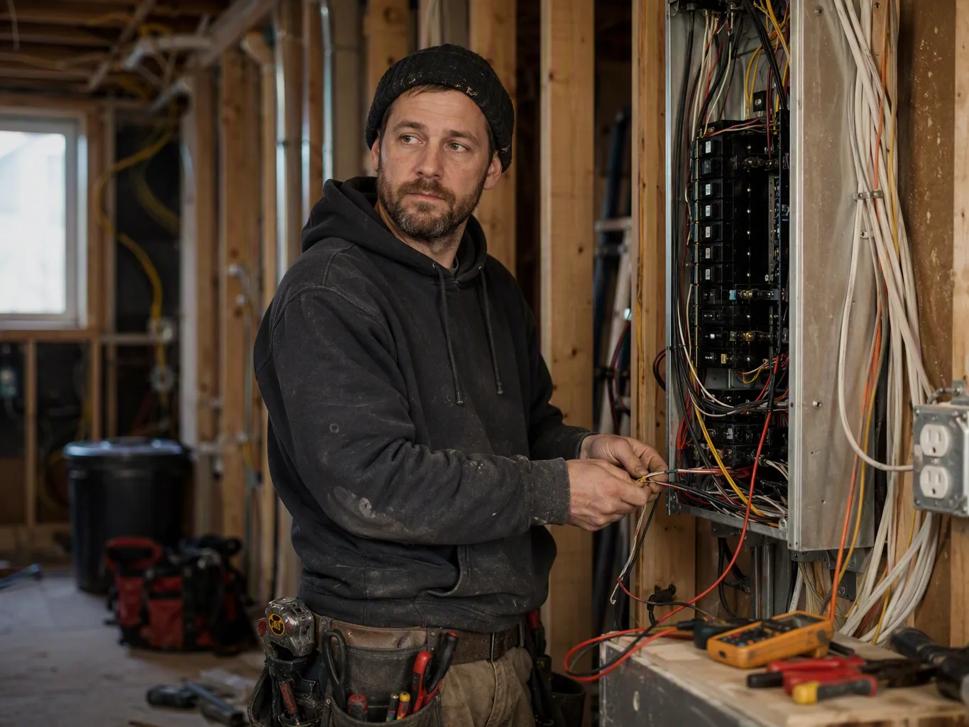Electrician checking attic fan wiring under a roof