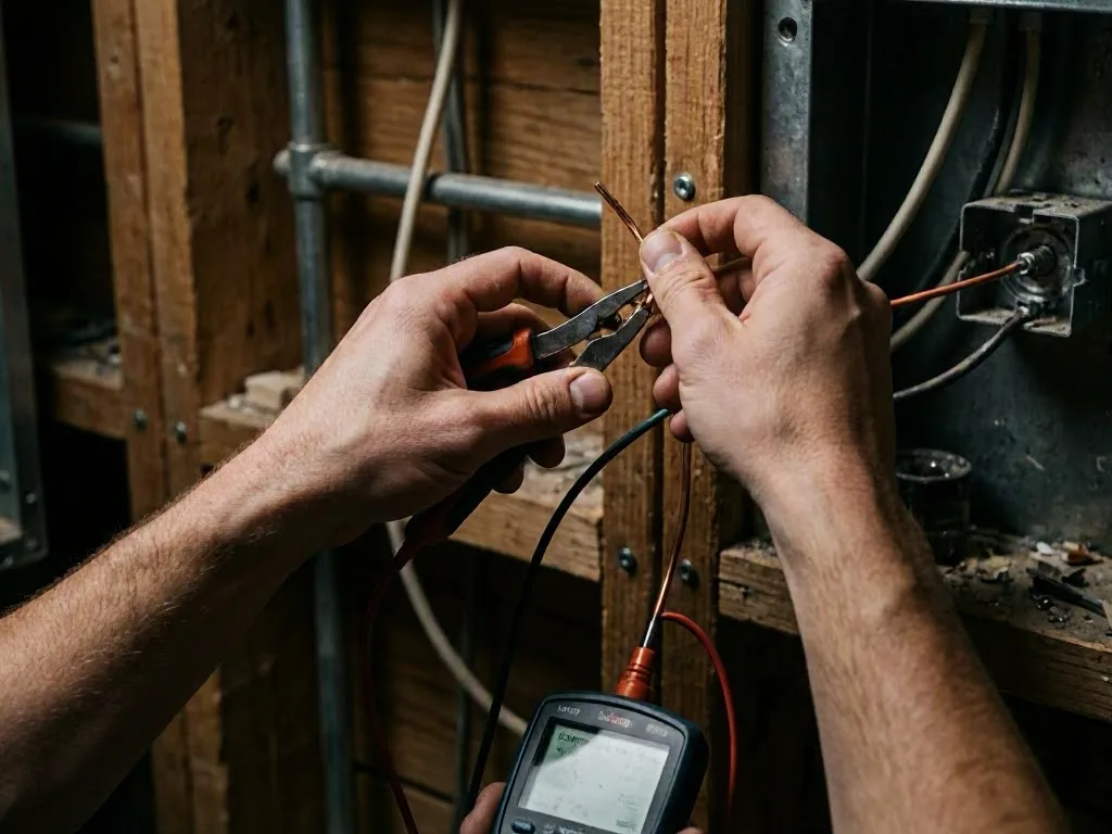 Hands strip copper wire with pliers beside an electrical wall box in a wooden