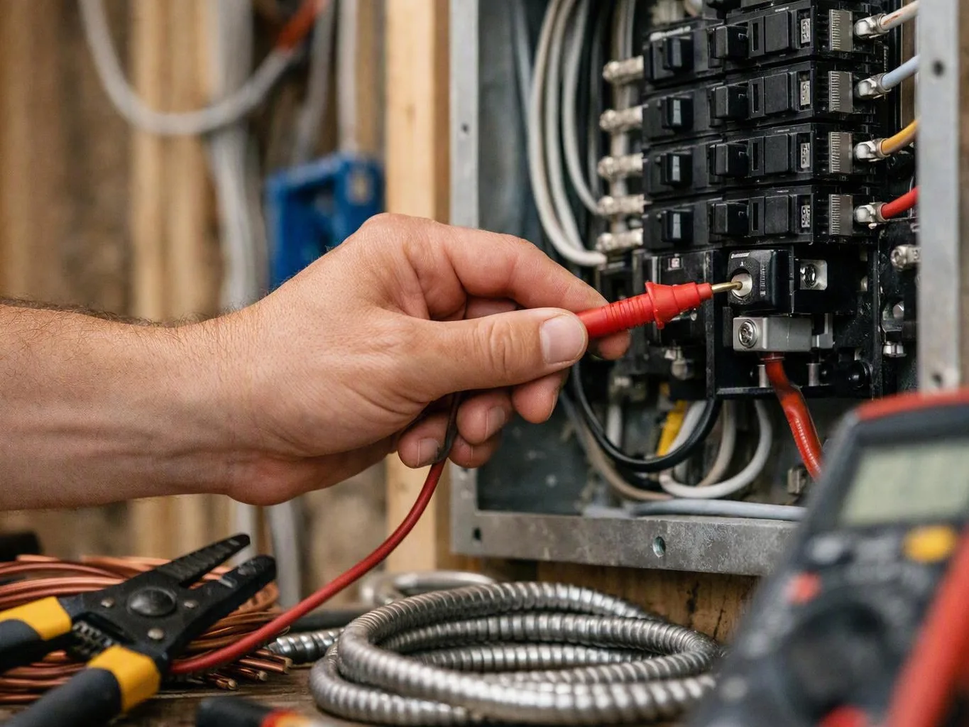A hand tests an electrical panel with a red probe, surrounded by wires and tools