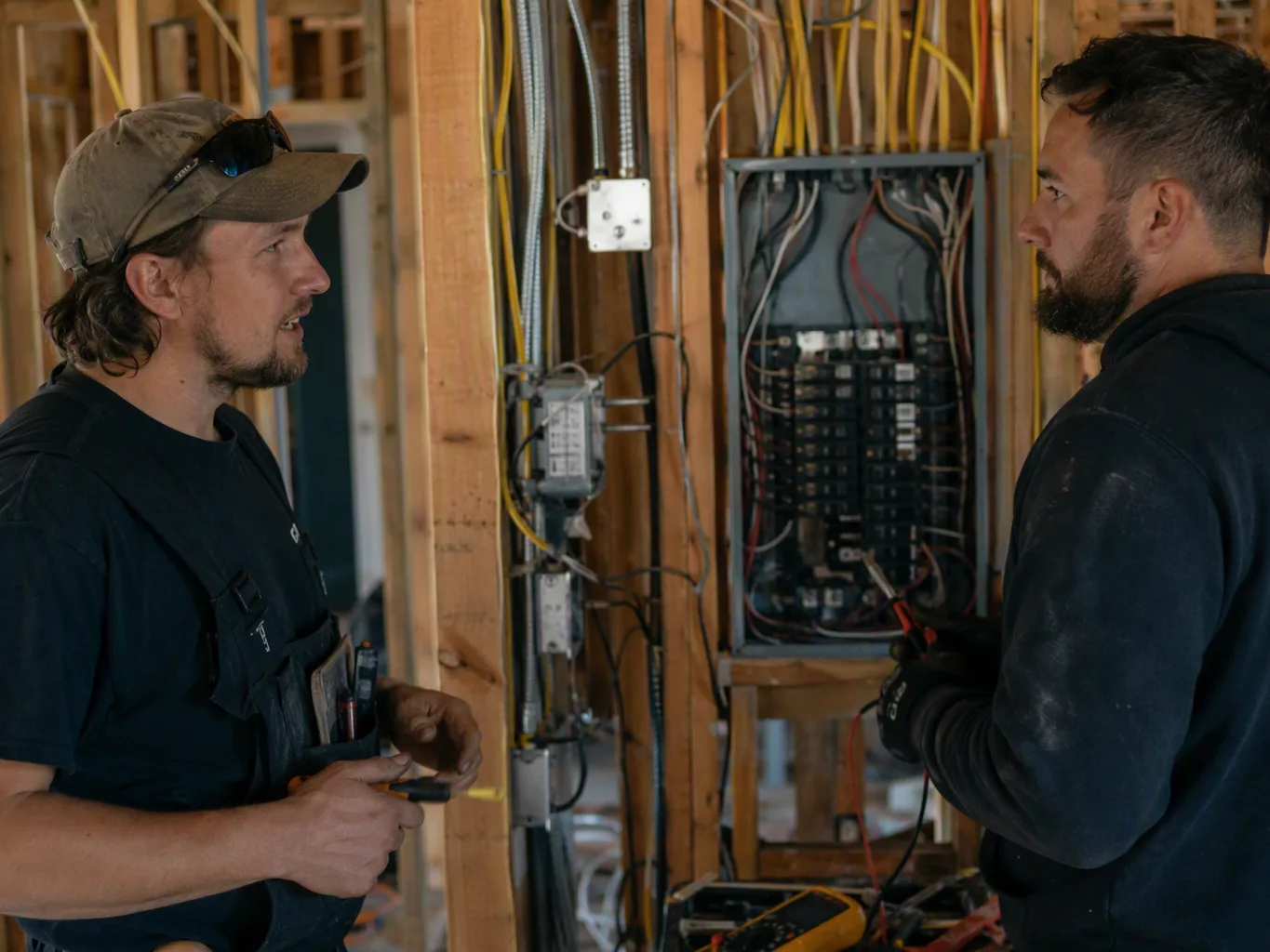 Electrician repairing outdoor lights near a building