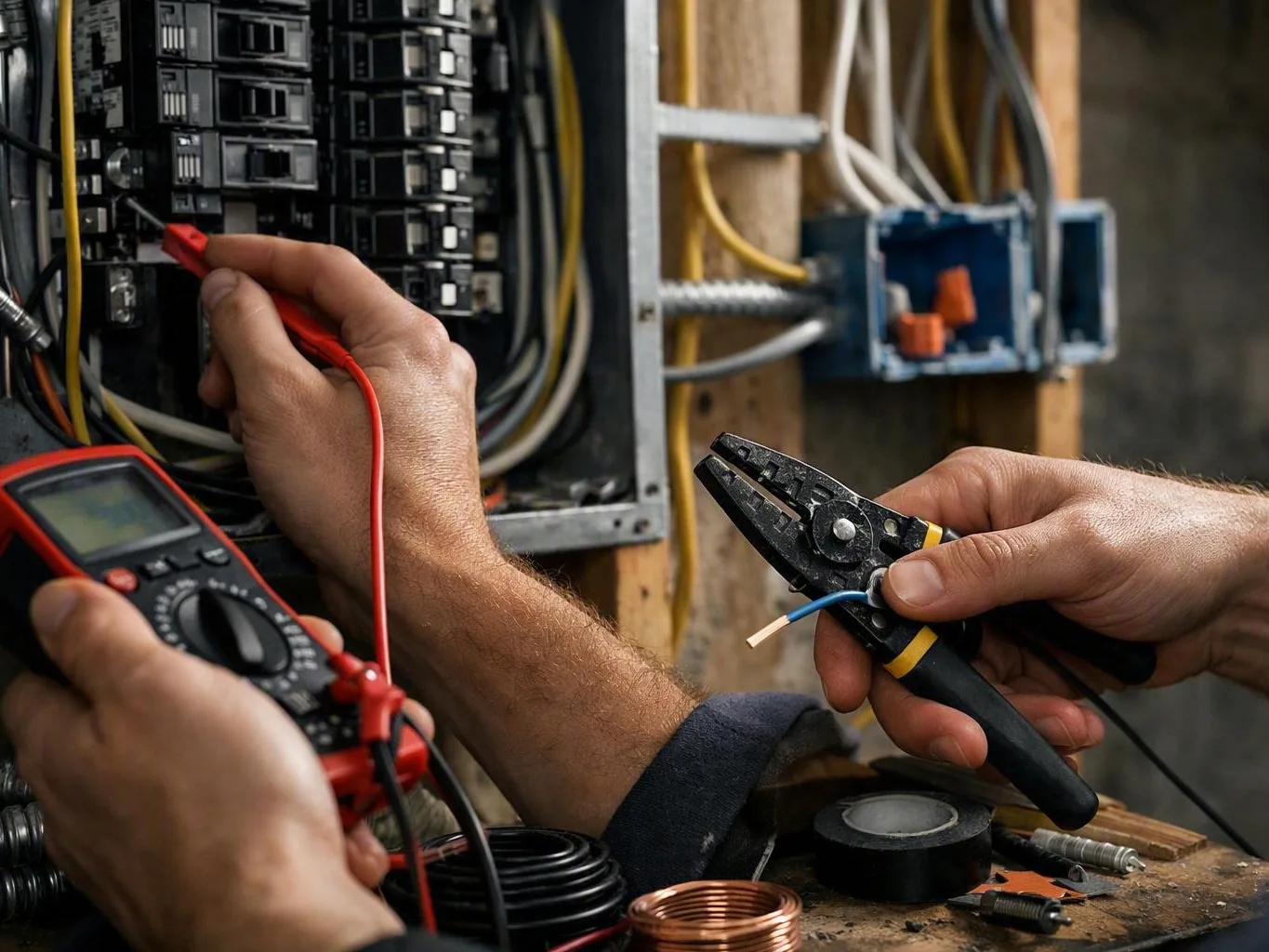 Hands test and strip electrical wiring inside an open breaker panel beside