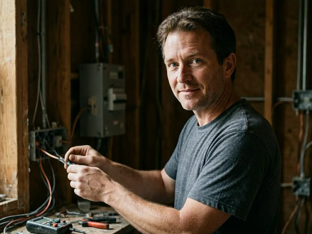 Worker repairing a warehouse light fixture