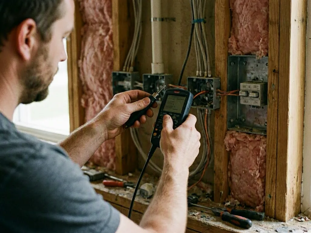 Electrician tests wall wiring with a handheld meter inside an unfinished