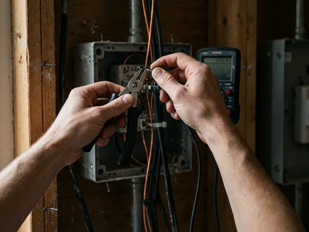 Technician checking an outdoor electrical box after rain