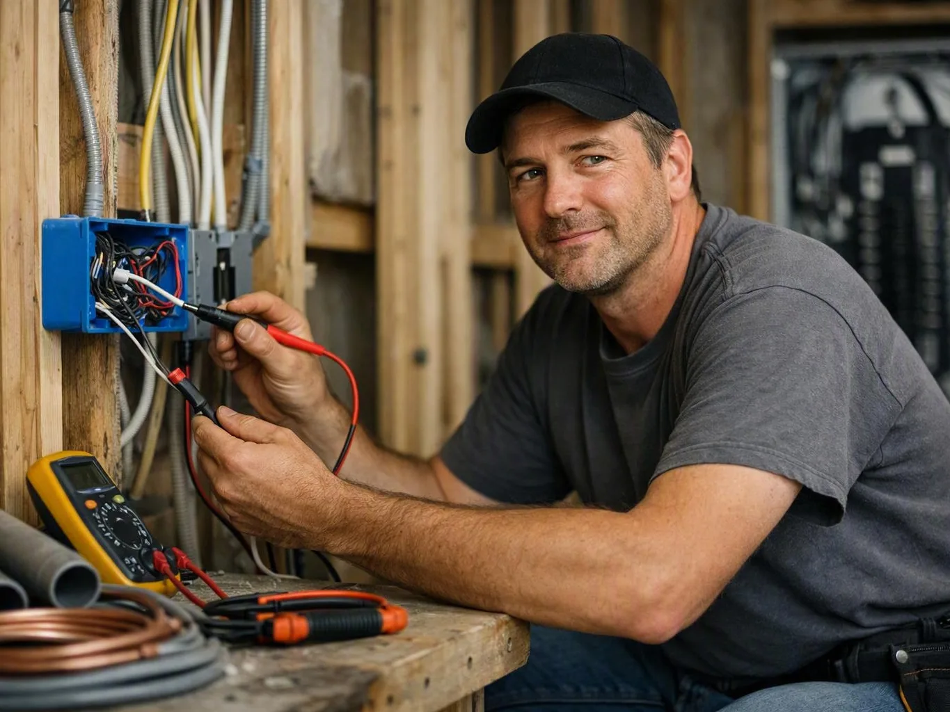 Electrician in a black cap tests wall wiring beside a multimeter on a workbench