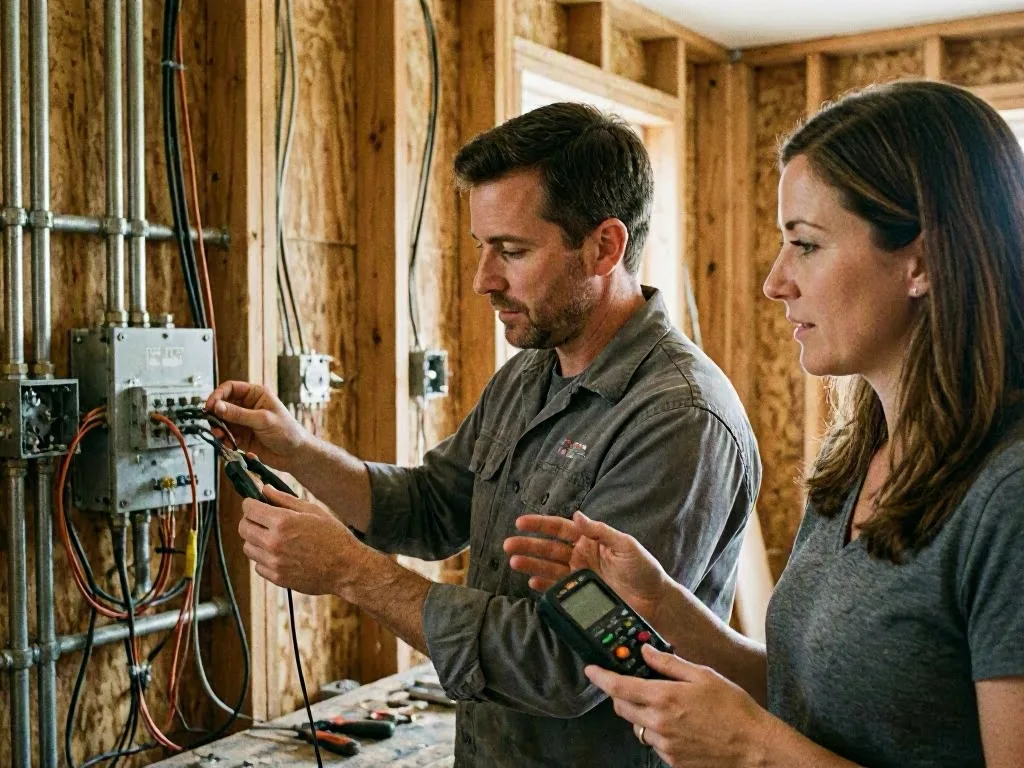 Two electricians inspect exposed wiring and a breaker panel inside a