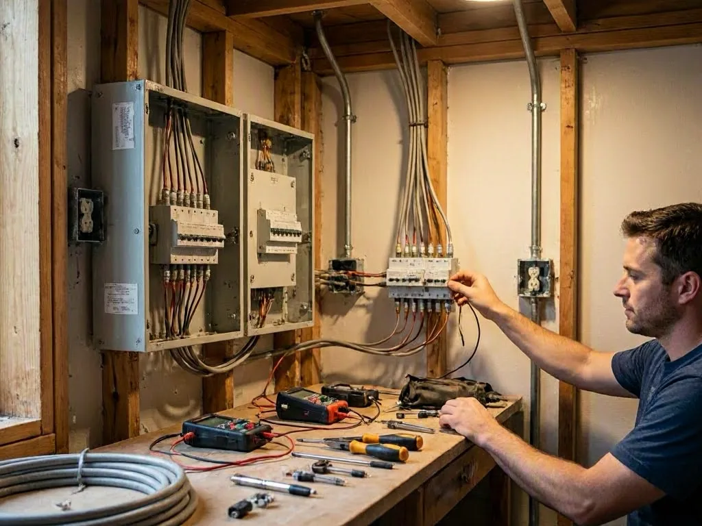 Electrician testing a breaker panel in a garage