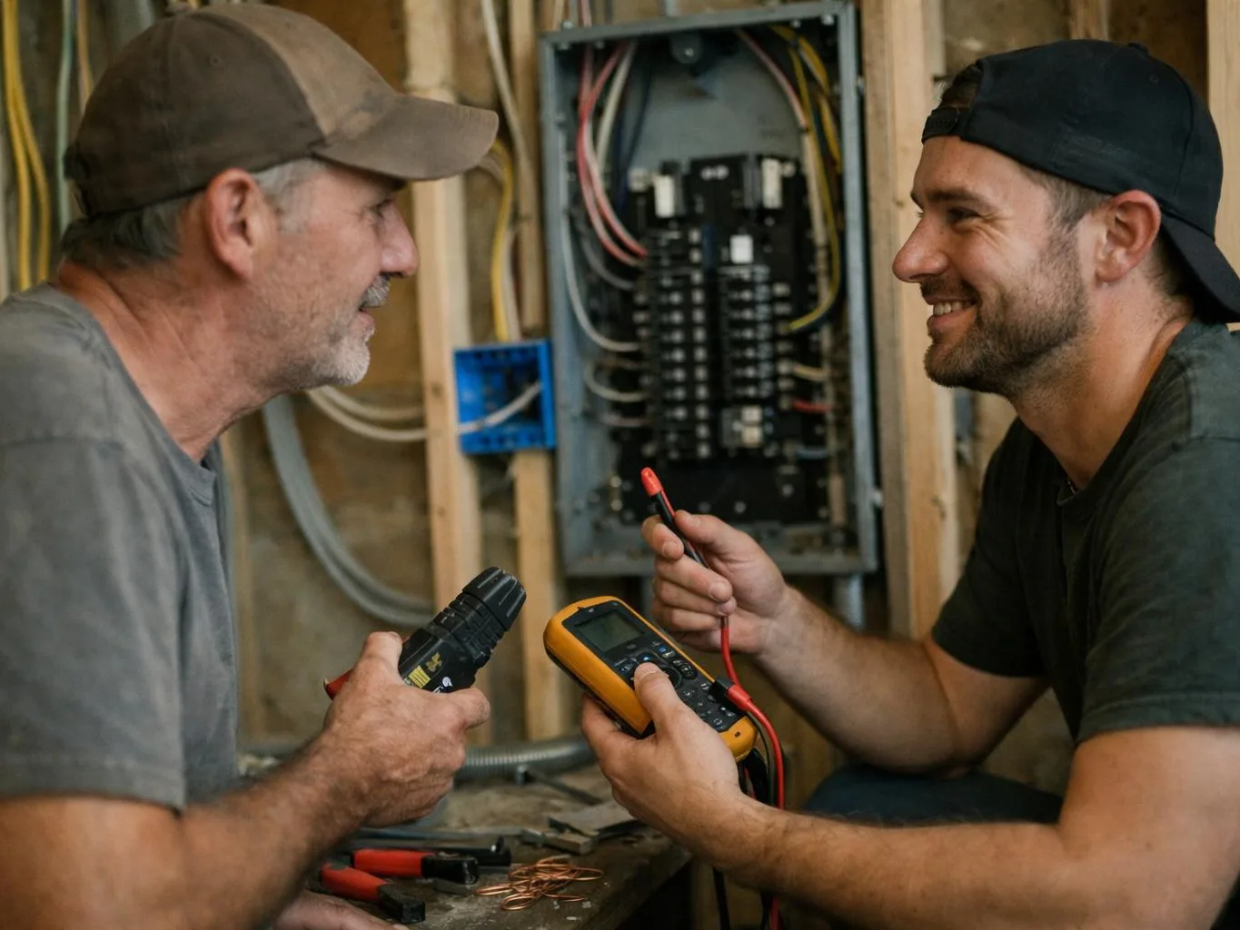 Two electricians discuss wiring and tools beside an open breaker panel inside a