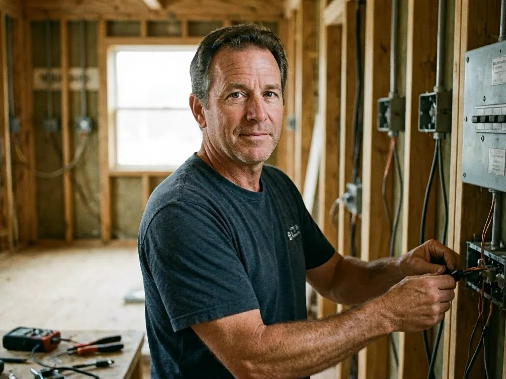 A man in a construction site wires an electrical panel inside an unfinished wooden room