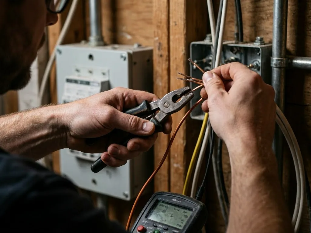Technician checking an outdoor lighting connection