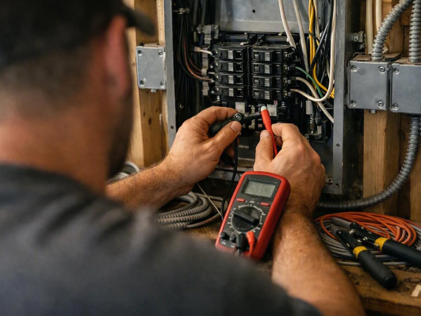 Technician tests an electrical breaker panel with a multimeter in a workshop