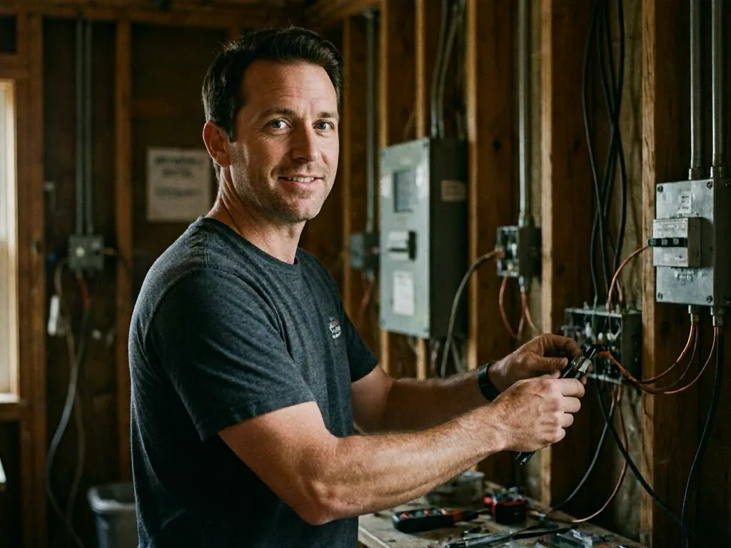 A man in a dark T-shirt works on electrical wiring inside an unfinished wooden room