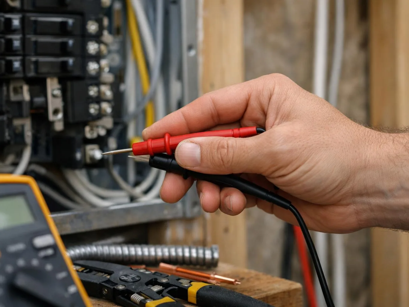 Hand holding red and black multimeter probes near an electrical panel beside