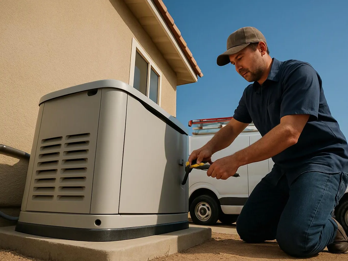 A kneeling technician adjusts a large outdoor generator beside a house under a clear blue sky