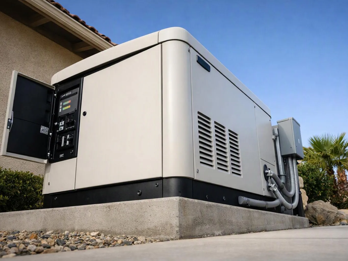 A large outdoor generator sits on a concrete pad beside a house, with its access panel open and vents visible