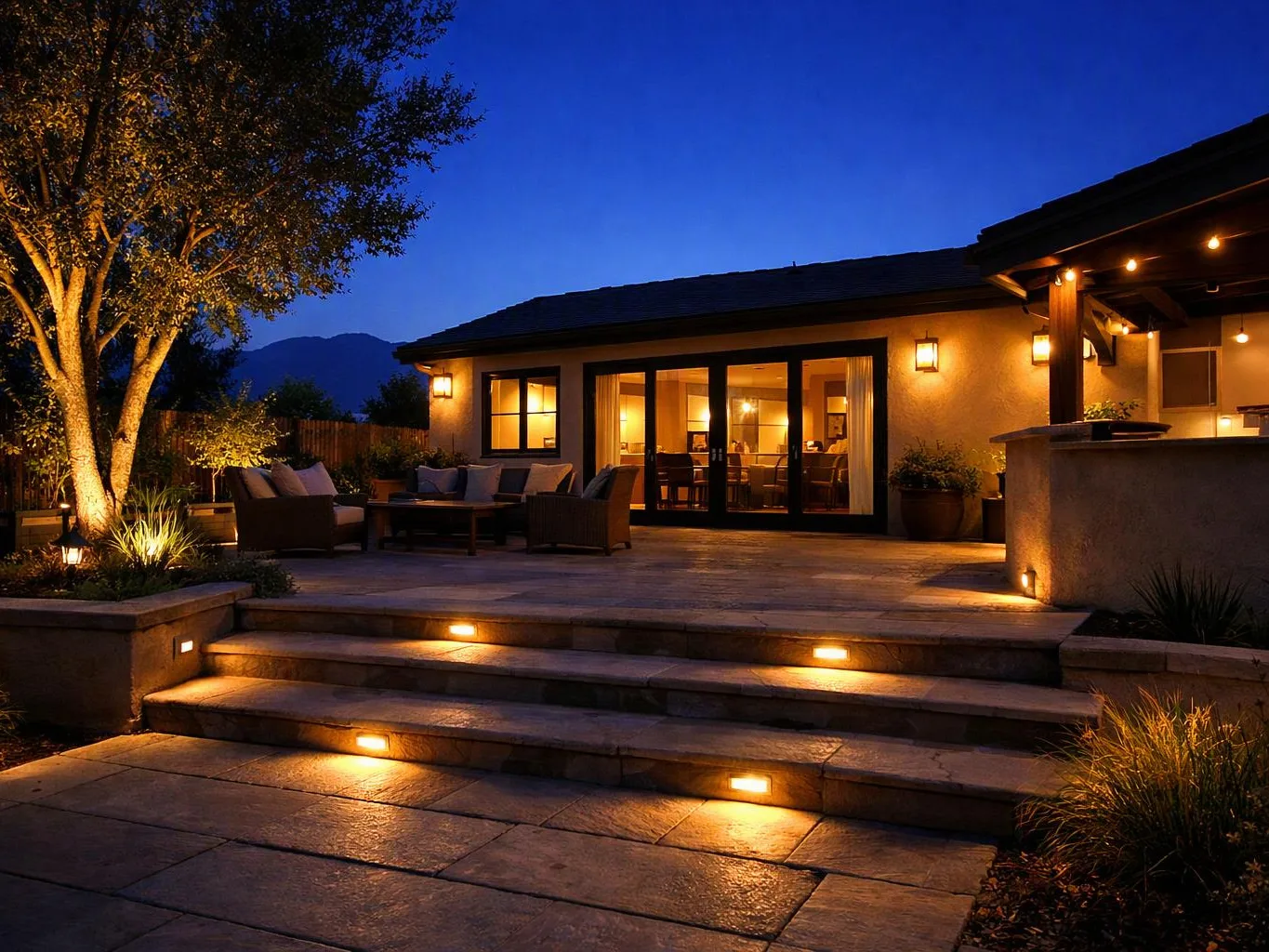 A lit patio with stone steps, outdoor seating, and warm windows sits beside a house at dusk
