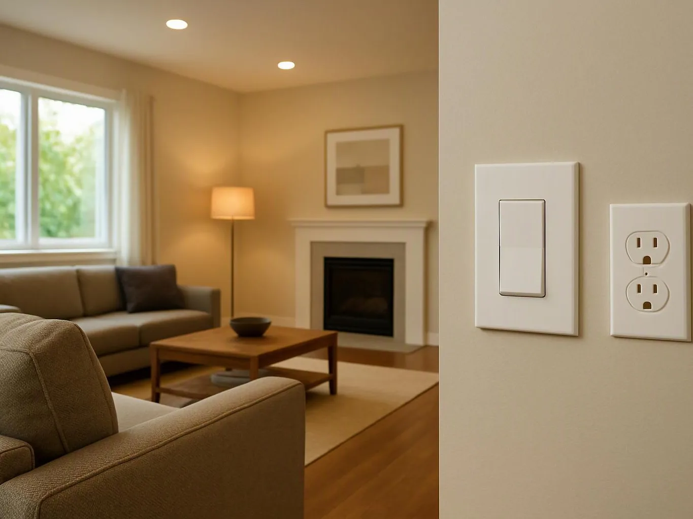 A living room with a sofa, coffee table, lamp, fireplace, and close-up light switch and outlet on a wall