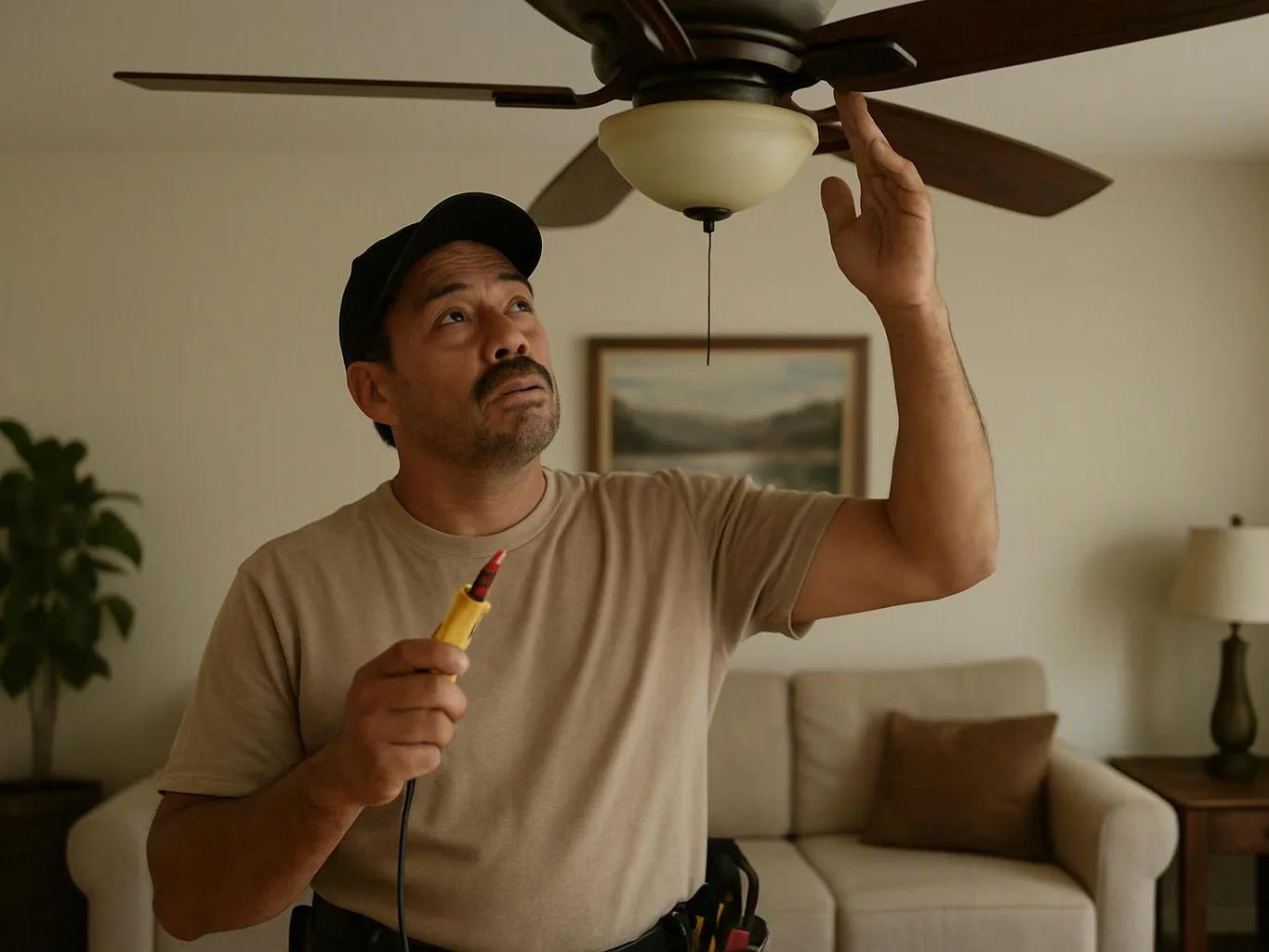 A man in a beige shirt checks a ceiling fan with a tool in a living room
