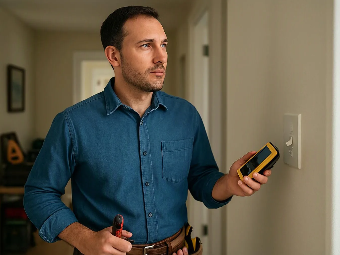 A man in a blue shirt holds a handheld tester near a wall switch in a hallway