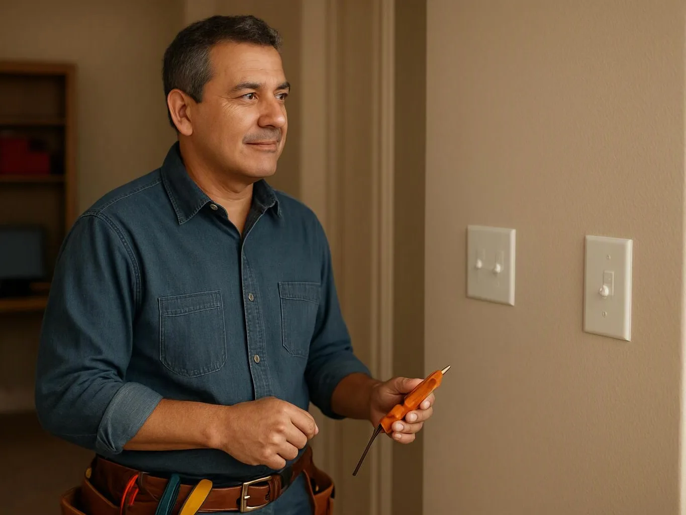 A man in a blue shirt holds an orange electrical tester beside wall light switches in a hallway