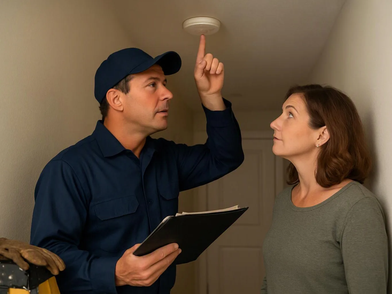 A man in a blue uniform points at a ceiling smoke detector while a woman watches in a hallway