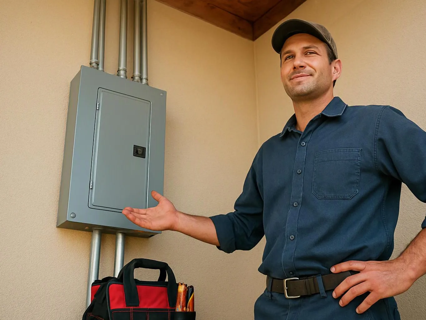 A man in a blue work shirt gestures toward a gray electrical panel on a beige wall