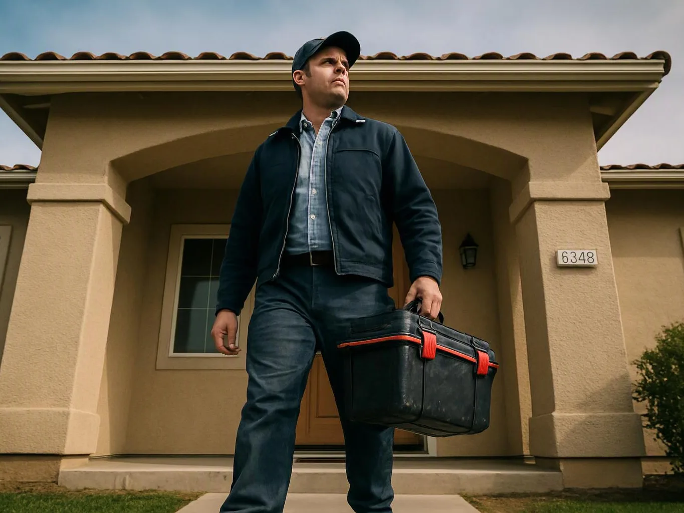A man in a cap carries a black toolbox while standing in front of a beige house entrance