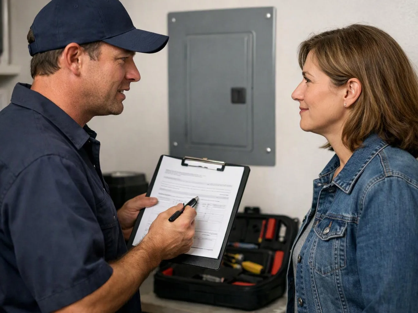 A man in a cap fills out a clipboard while speaking with a woman indoors near an electrical panel
