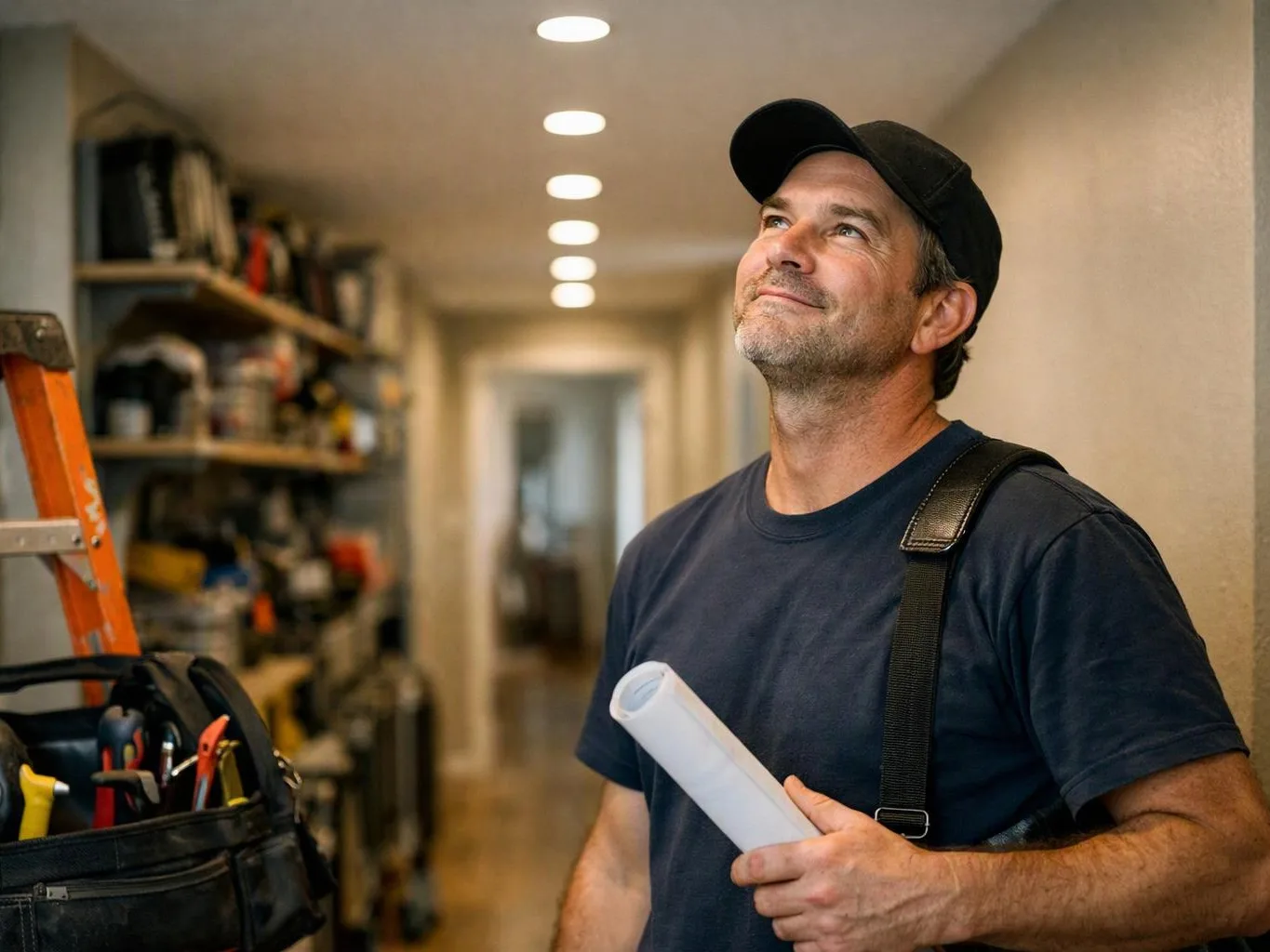 A man in a cap holds rolled plans in a narrow hallway lined with tools and shelves