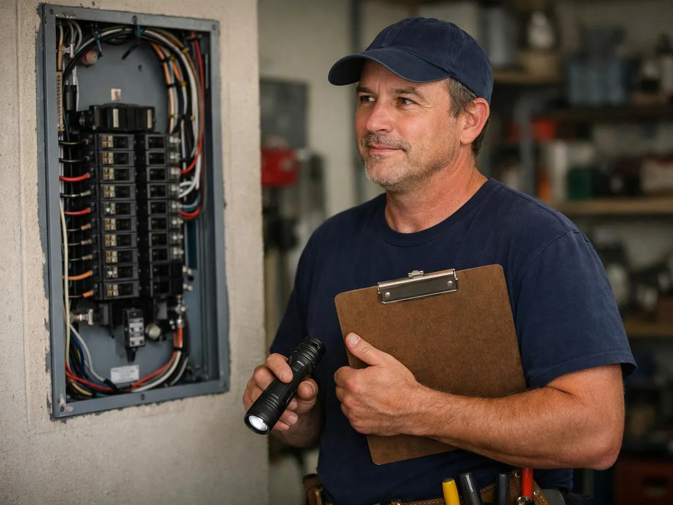 A man in a cap inspects an open electrical panel, holding a flashlight and clipboard in a workshop