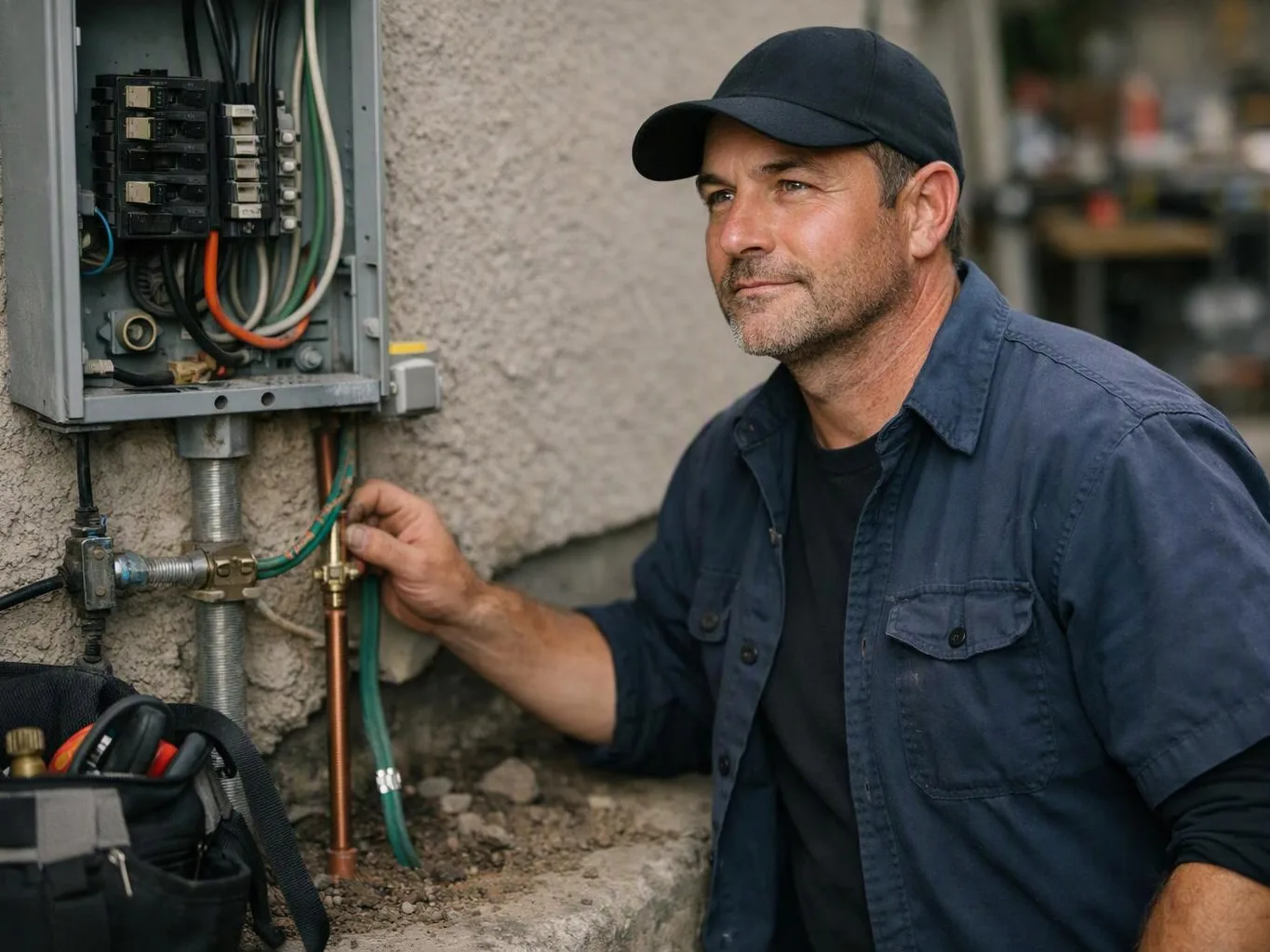 A man in a cap inspects outdoor electrical wiring beside a wall with tools at his side