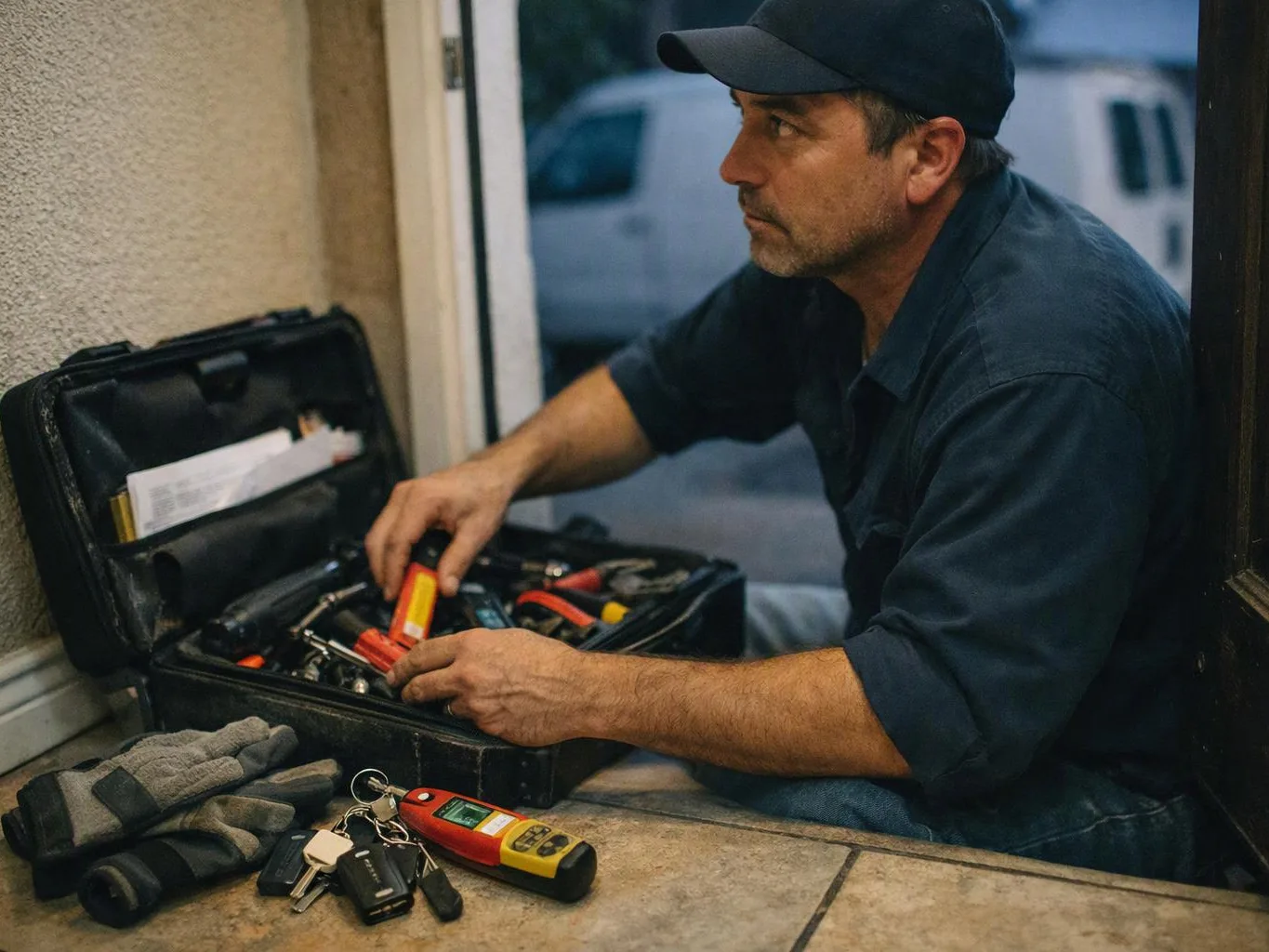 A man in a cap sorts tools in an open case on the floor beside gloves and keys