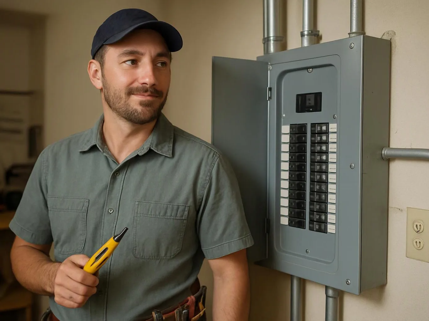 A man in a cap stands beside an open electrical breaker panel, holding a yellow tester in a room