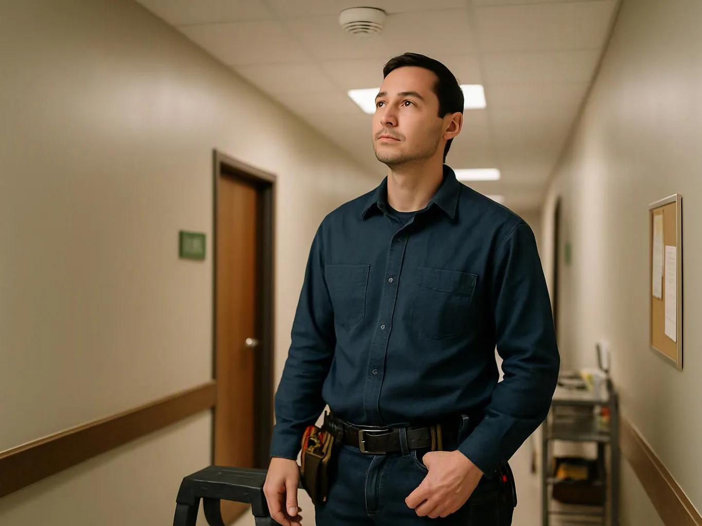 A man in a dark shirt stands in a beige hallway, looking upward with a tool belt at his waist