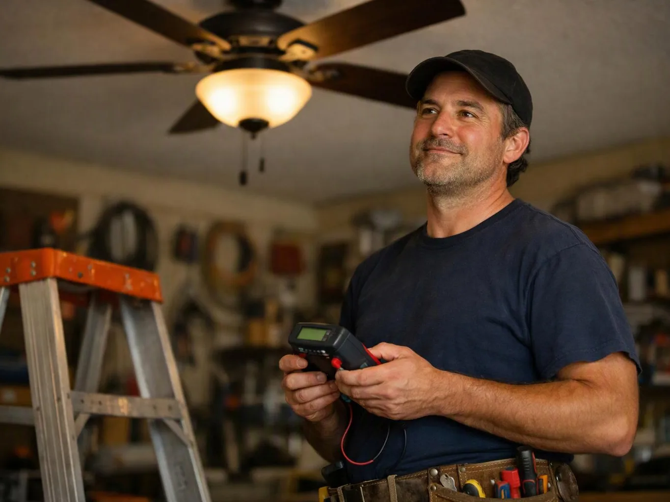 A man in a garage holds a handheld device beside a ladder and looks upward
