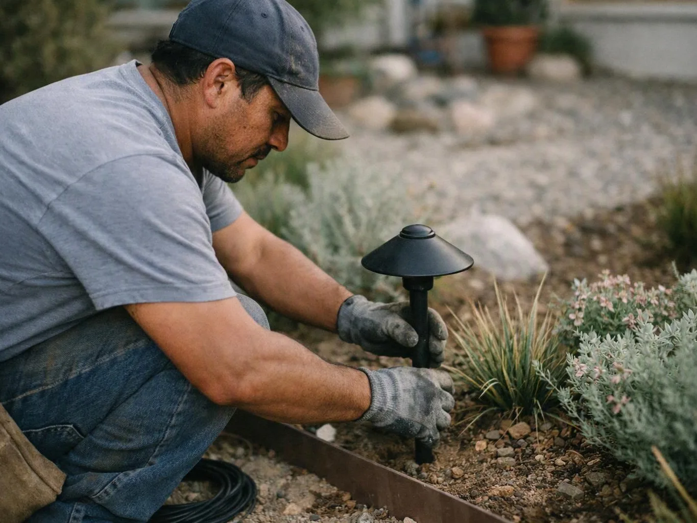 A man in gloves kneels in a garden, installing a black landscape light beside small plants and gravel