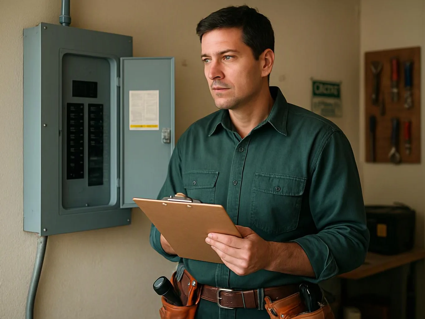 A man in a green work shirt holds a clipboard beside an open electrical panel in a workshop