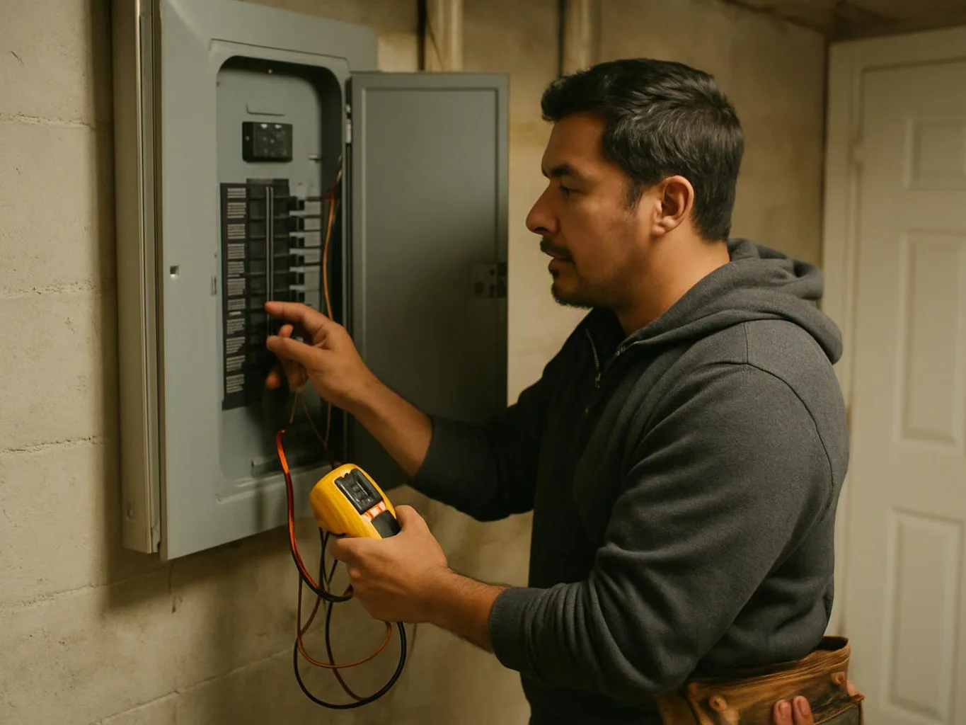 A man in a hoodie tests a breaker panel with a yellow meter in a basement room