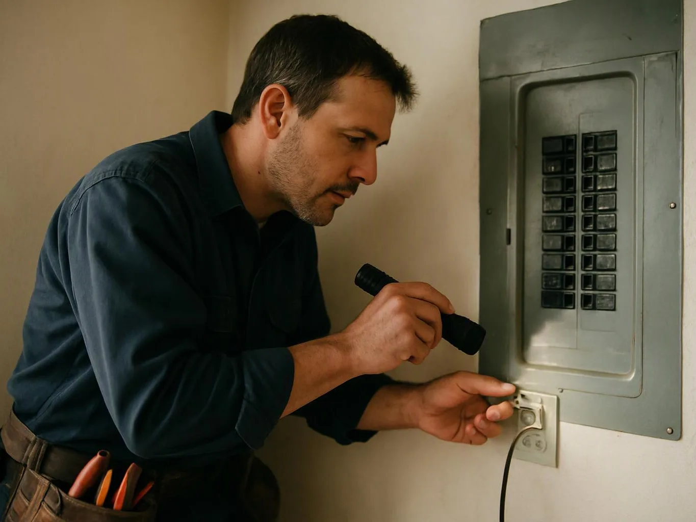 A man inspects an electrical panel with a flashlight while adjusting a wall outlet in a plain room