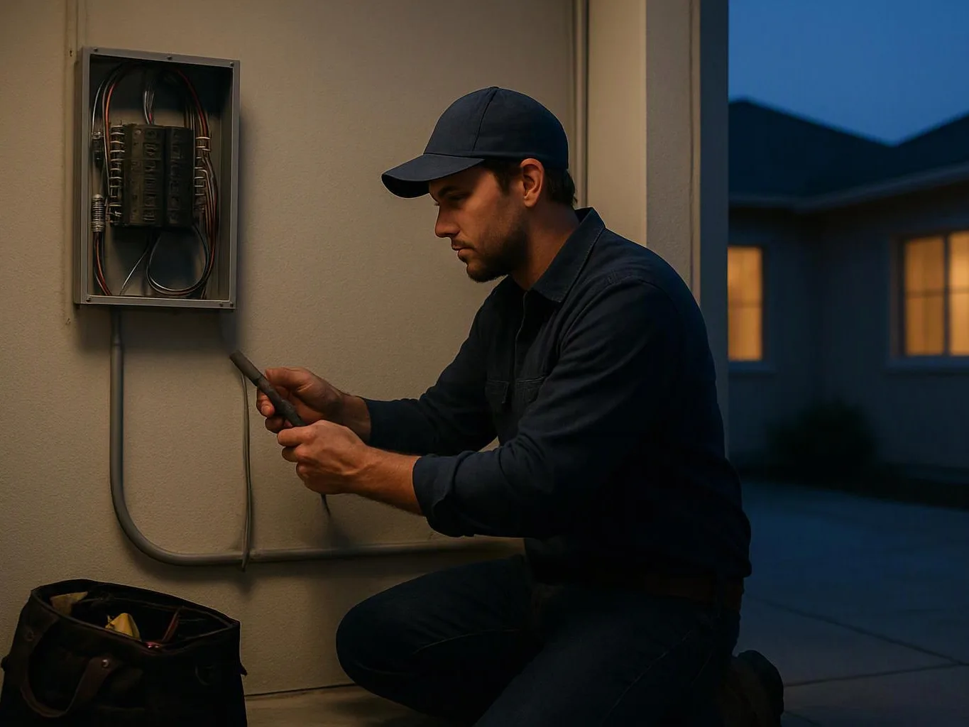 A man kneels beside an open electrical panel outside, inspecting wires with a tool at dusk