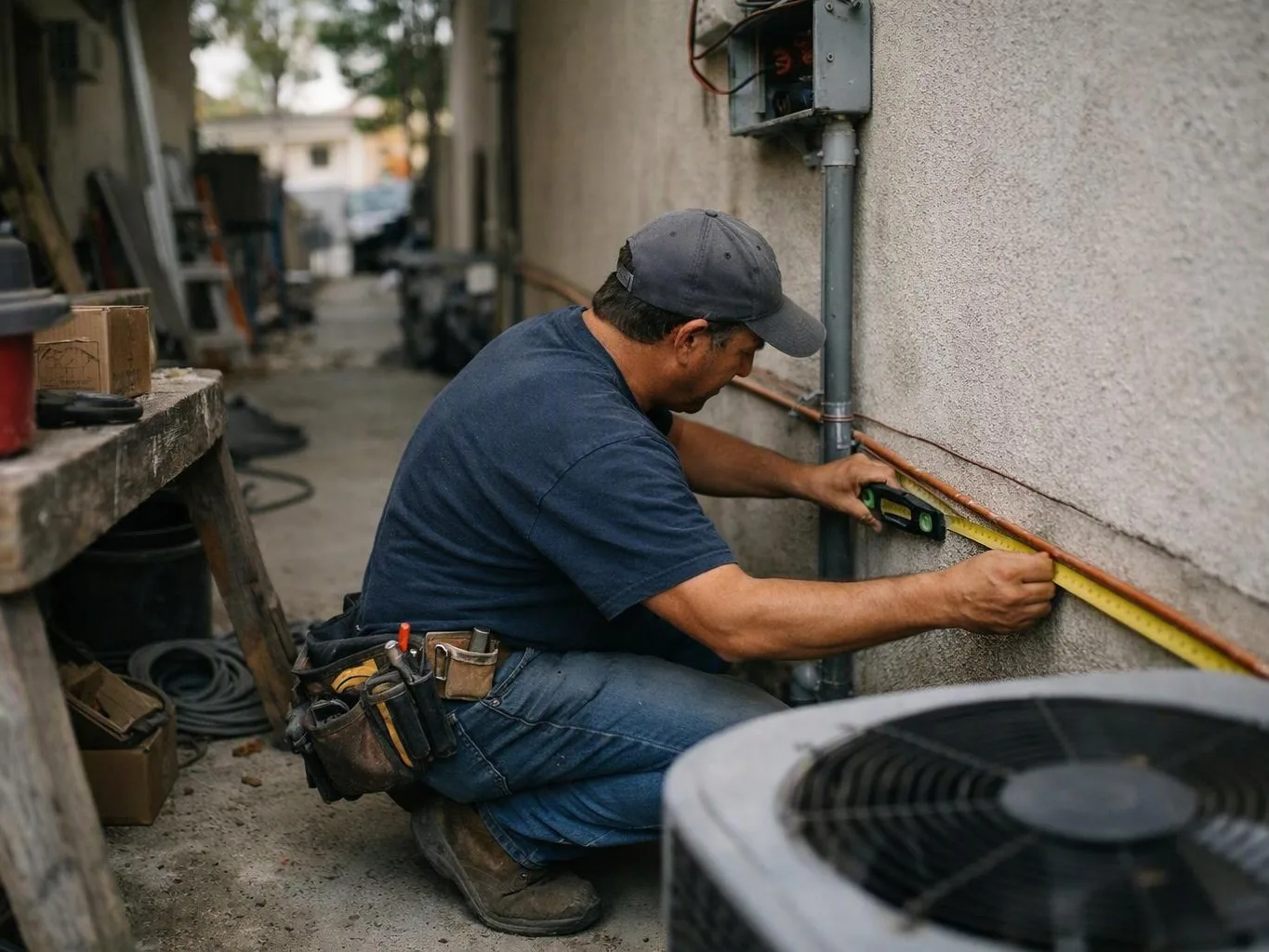 A man kneels beside a wall, measuring along a copper pipe with a level in a narrow work area