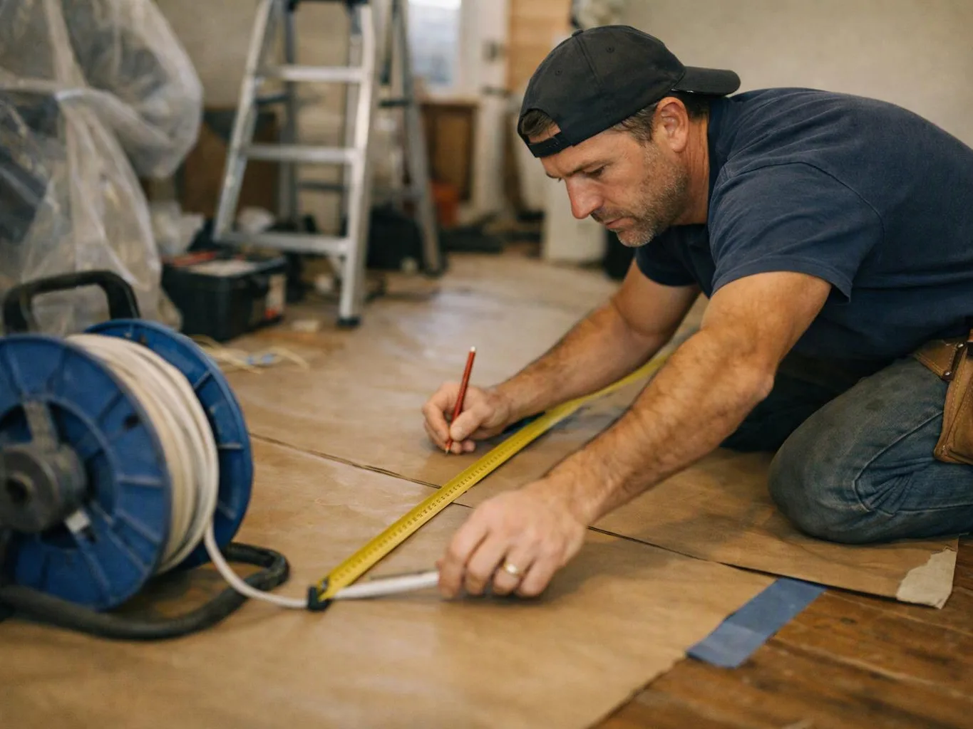 A man kneels on the floor, measuring and marking paper beside a blue cable reel in a workroom
