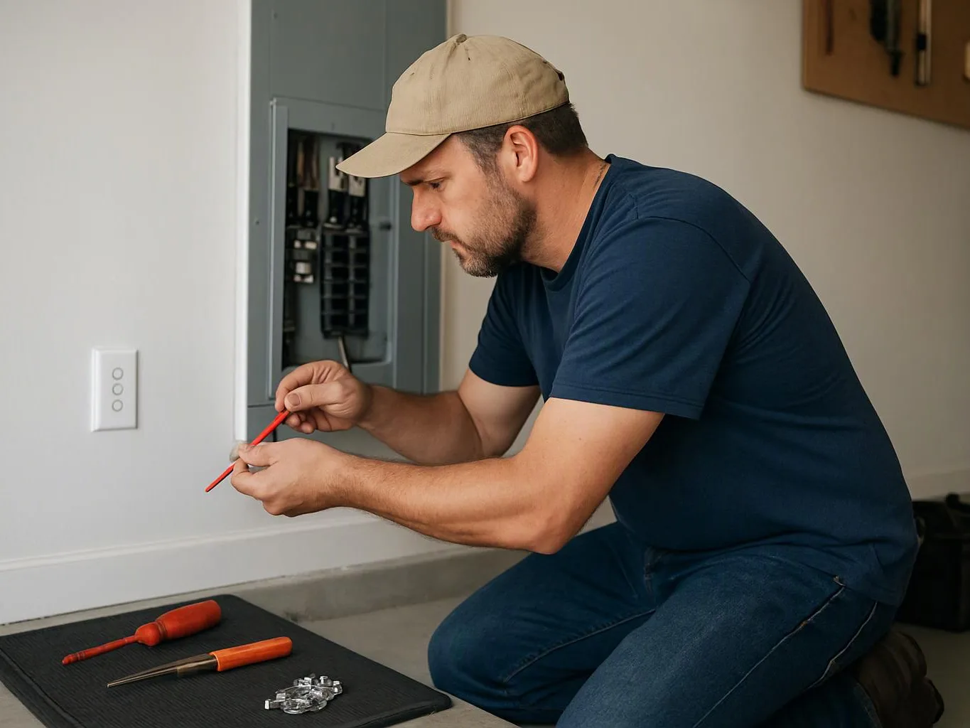 A man kneels by an open electrical panel, using a red tool beside screwdrivers on the floor