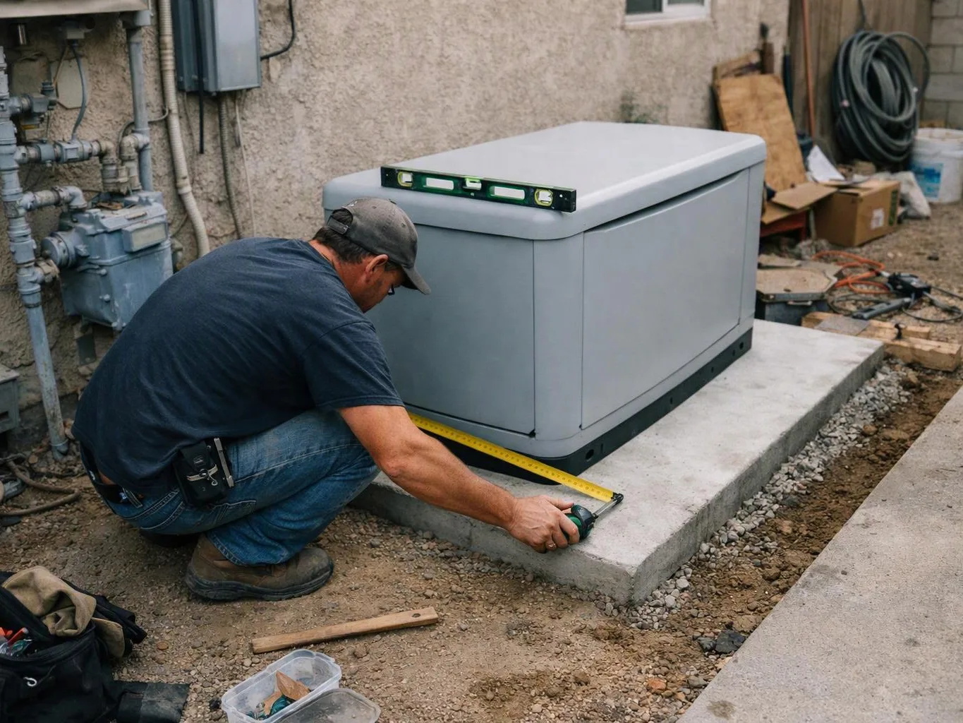 A man kneels outdoors, measuring a large gray generator on a concrete pad beside a house wall